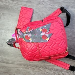 NWT Betsey Johnson Red Quilted Ribbon Hearts Full Size Backpack + Wristlet Set